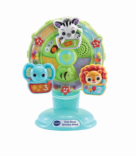 VTech Sing-Along Spinning Wheel with zebra, elephant and lion buttons on a blue suction base