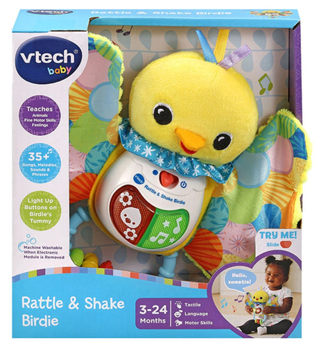 Boxed VTech Rattle and Shake Birdie showing teaches animals and fine motor skills icons, 35 plus songs and phrases badge and try me slider