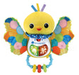 Front facing VTech Soft Singing Birdie Rattle removed from packaging showing yellow plush head, multicolour wings, two light up buttons and blue bead handle with three sliding beads