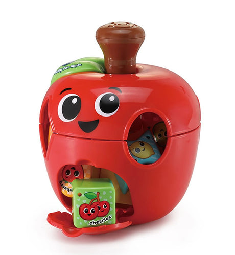 VTech Sorting Fun Apple with storage door open and fruit blocks inside