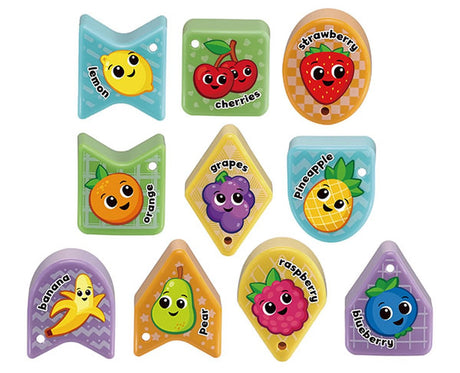 Ten colourful VTech Sorting Fun Apple fruit blocks with fruit characters