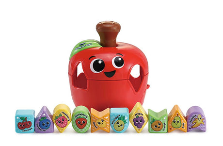VTech Sorting Fun Apple with ten fruit blocks lined up beside it