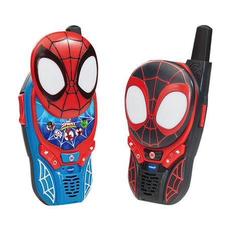 Spidey and Miles Morales themed VTech walkie-talkies, showing controls and pop-up character cover – Ireland.