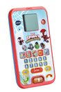 VTech Spidey Learning Phone angled view showing the LCD screen, Spidey character buttons, number keys and call controls