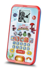 VTech Spidey Learning Phone angled view with Spidey web graphic on the LCD screen, character buttons and number keypad