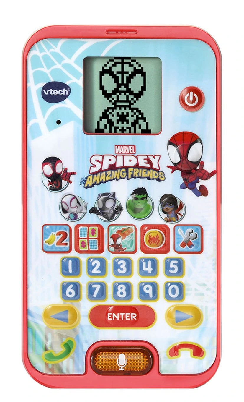 VTech Spidey Learning Phone front view showing Spidey on the LCD screen, six character buttons and number keypad