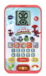 VTech Spidey Learning Phone front view showing Spidey on the LCD screen, six character buttons and number keypad