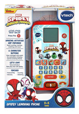 VTech Spidey Learning Phone in retail packaging with LCD screen, number keypad and Marvel Spidey graphics