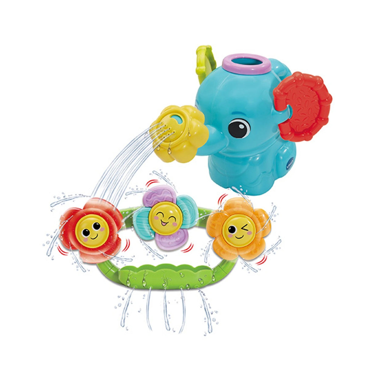 VTech Splash & Spin Bathtime Flowers set showing blue elephant watering can pouring water over three textured spinning flowers attached to wall bar