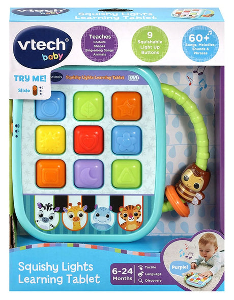 VTech Squishy Lights Learning Tablet box showing tablet toy and 6 to 24 months age mark