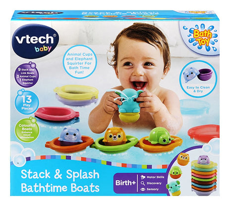 Vtech Baby Stack & Splash Bathtime Boats toy packaging with a child playing - Ireland