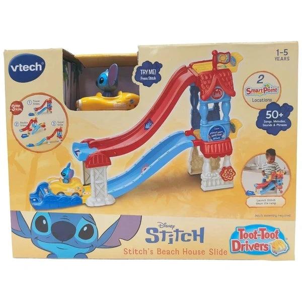 VTech Disney Stitch Beach House Slide in retail packaging with Stitch vehicle and red and blue track pictured on the box