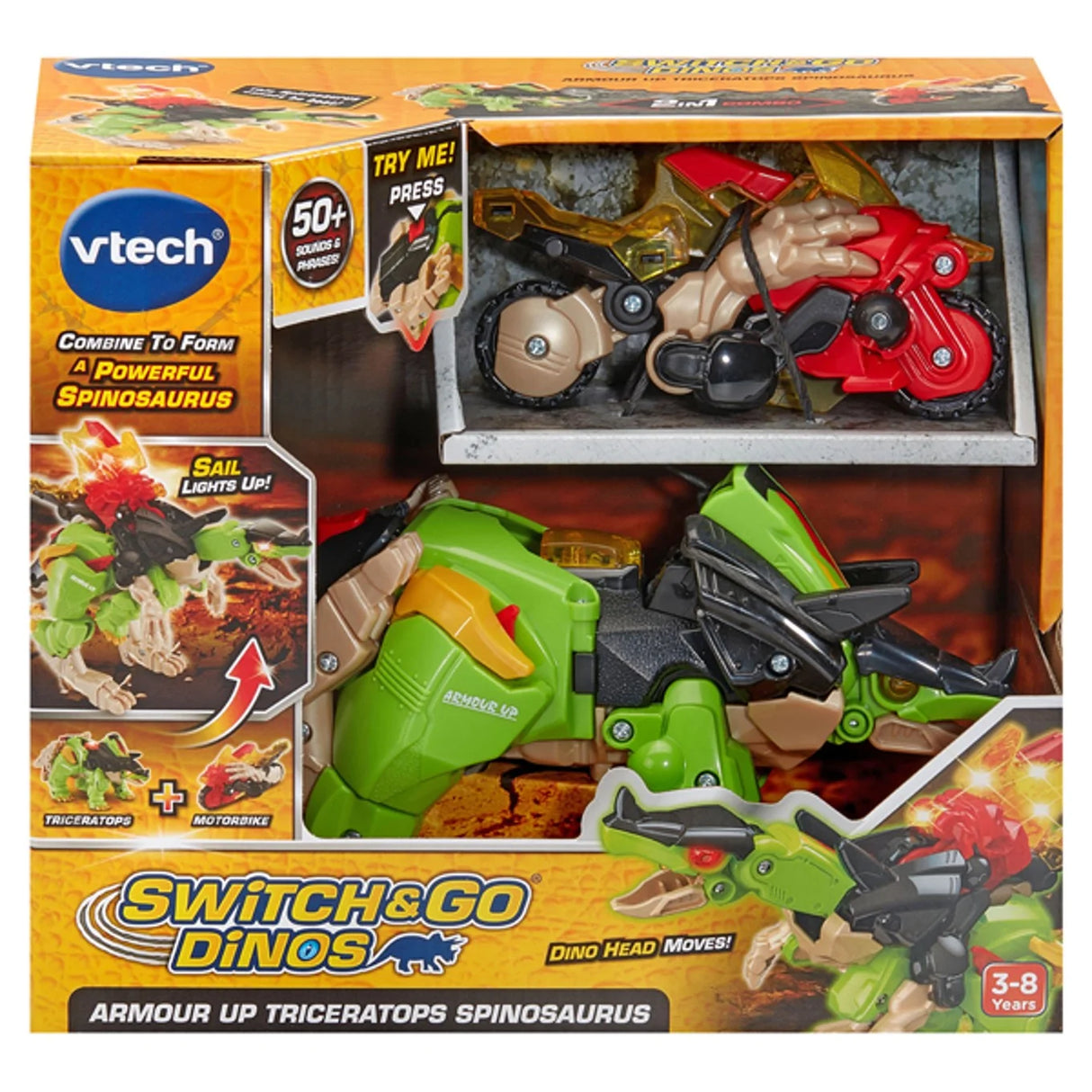 Box packaging of VTech Switch & Go Dinos Armour Up Triceratops Spinosaurus – Ireland.
