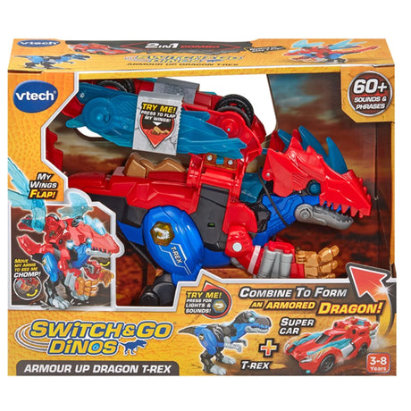 VTech Switch & Go Dinos Armour Up Dragon T-Rex retail box showing 2-in-1 T-Rex and super car set – Ireland.