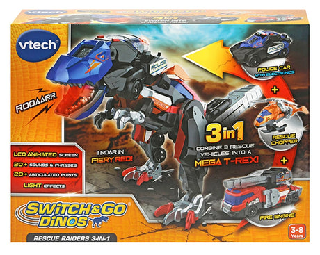 VTech Switch & Go Dinos Rescue Raiders 3-in-1 box showing Rescue-Rex, three rescue vehicles and 3 to 8 years age mark