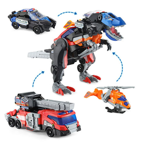 VTech Switch & Go Dinos Rescue Raiders 3-in-1 showing police car, fire engine, helicopter and Rescue-Rex