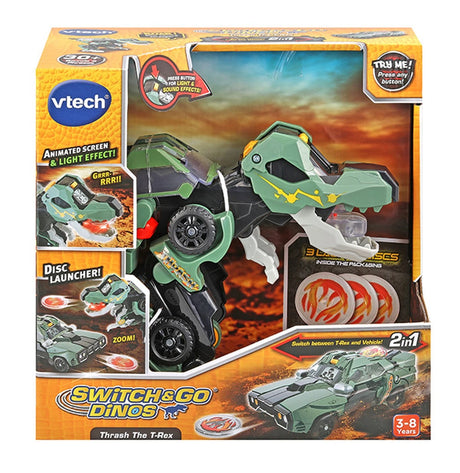 VTech Switch & Go Dinos Thrash the T-Rex box showing dinosaur mode, vehicle mode, discs and 3 to 8 years age mark