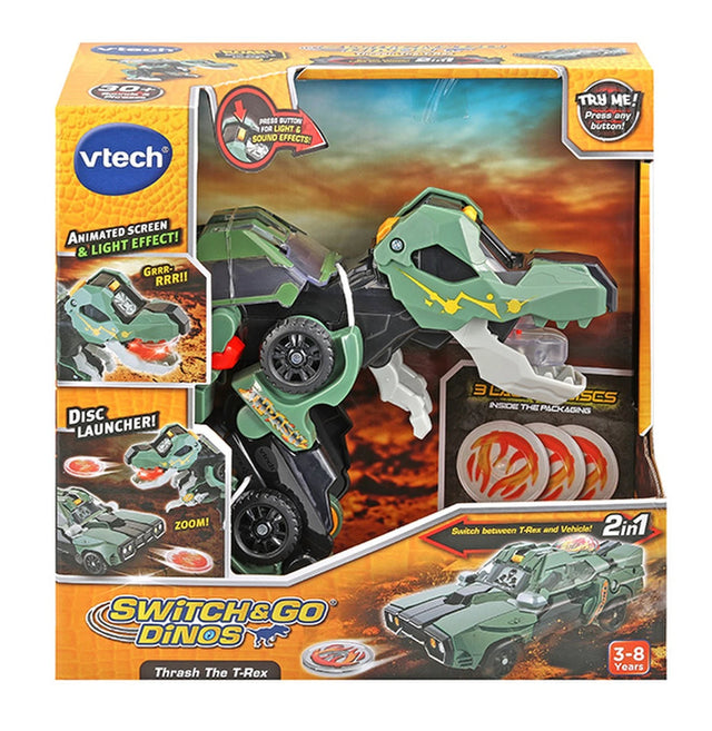 VTech Switch & Go Dinos Thrash the T-Rex box showing dinosaur mode, vehicle mode, discs and 3 to 8 years age mark