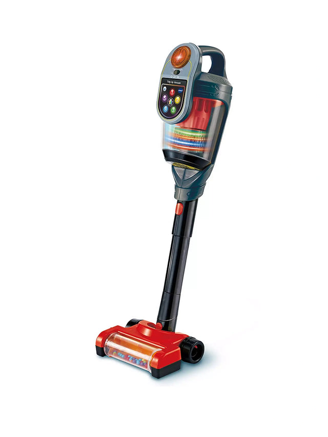 VTech Tidy Up Vacuum with black extension tube, red floor head, coloured buttons and clear chamber on white background