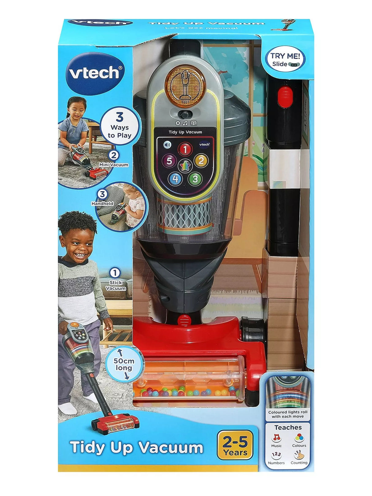 VTech Tidy Up Vacuum in blue retail packaging showing the vacuum, extension tube, red floor head and age 2 to 5 years