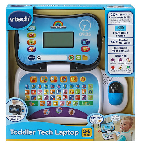 VTech Toddler Tech Laptop box showing open laptop, mouse and 2 to 5 years age mark