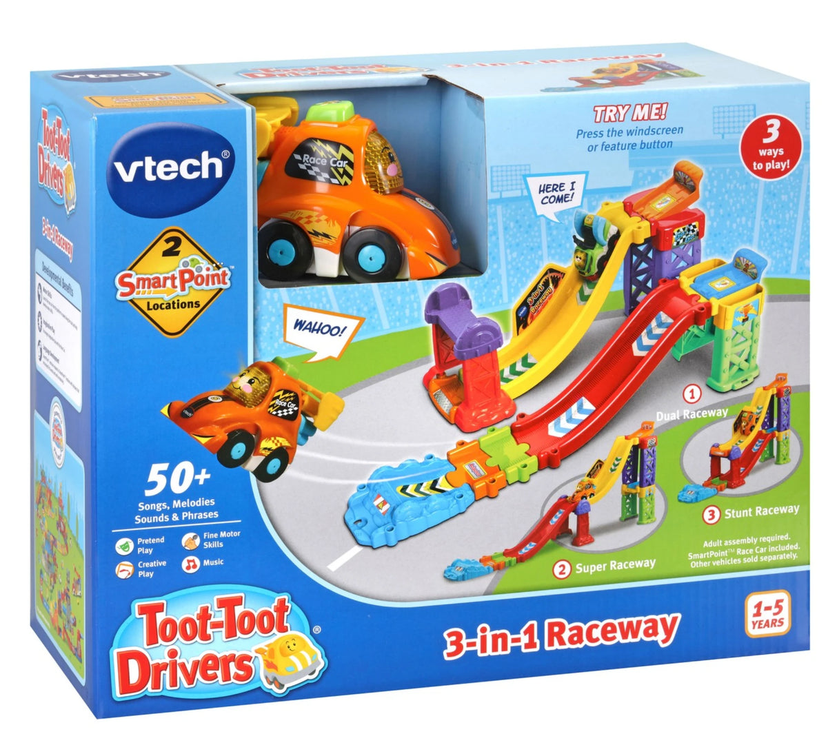 VTech Toot Toot Drivers 3 in 1 Raceway retail box showing included orange SmartPoint race car, three layout options and 1 to 5 years age label