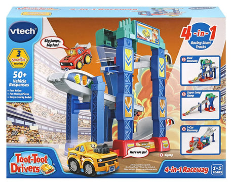 Front box of VTech Toot-Toot Drivers 4-in-1 Raceway with included SmartPoint car in Ireland