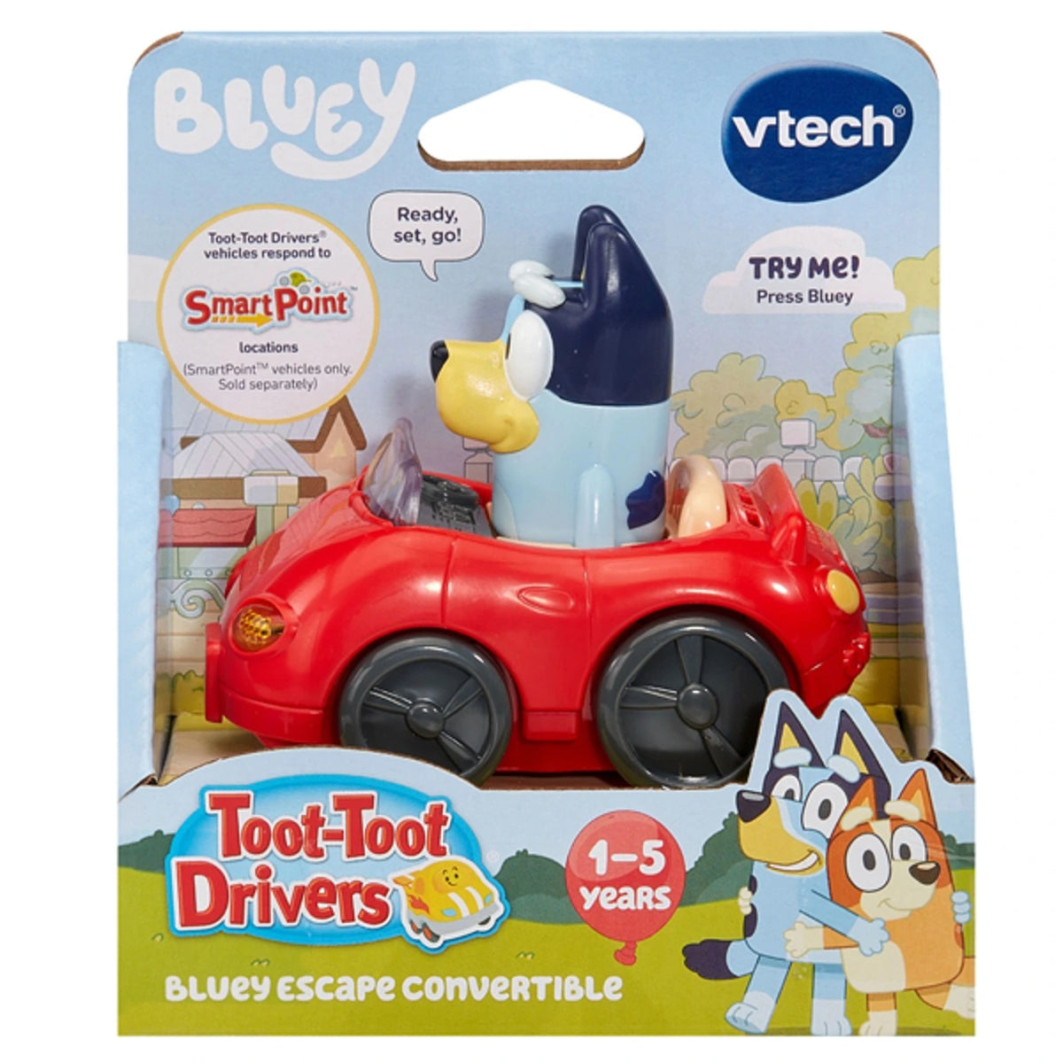 VTech Toot-Toot Drivers Bluey Escape Convertible in retail packaging with red car, Bluey driver and SmartPoint branding