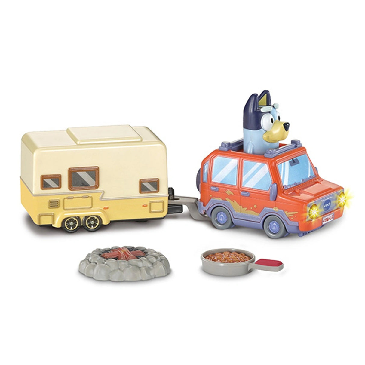 VTech Bluey Family Car & Caravan with orange car, yellow caravan, Bluey figure, campfire and pan accessory