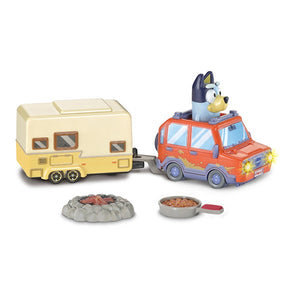 VTech Bluey Family Car & Caravan with orange car, yellow caravan, Bluey figure, campfire and pan accessory