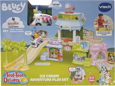 VTech Toot-Toot Drivers Bluey Ice Cream Adventure Play Set in retail packaging with the Ice Cream Truck and playset