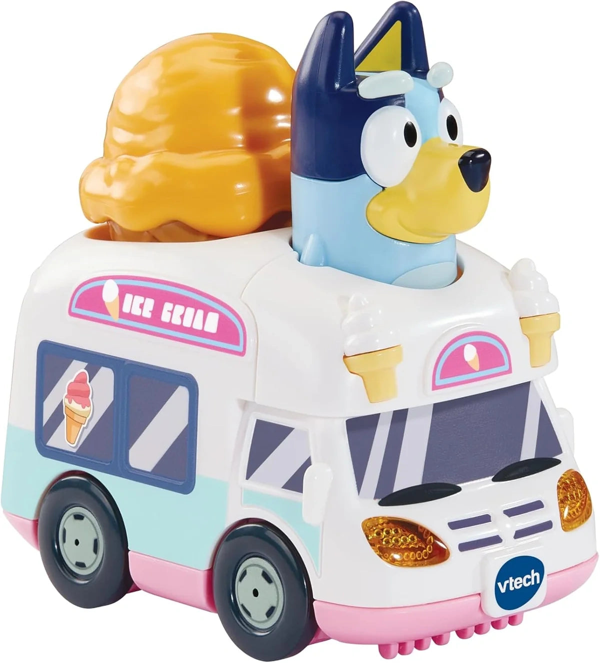 VTech Bluey Ice Cream Truck with Bluey figure and orange ice cream cone positioned behind the driver