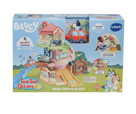 Packaging box of VTech Toot-Toot Drivers Bluey Road Trip Play Set showing features and SmartPoint locations – Ireland