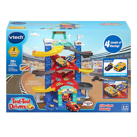 VTech Toot-Toot Drivers Criss-Cross Raceway box packaging showing the raceway, two cars and 1 to 5 years age mark