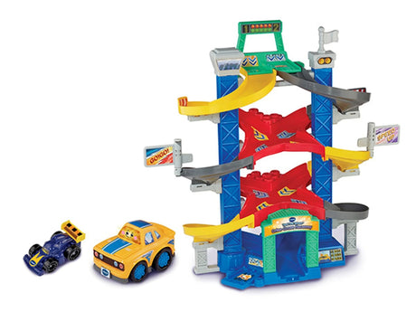 VTech Toot-Toot Drivers Criss-Cross Raceway playset with two cars on a white background