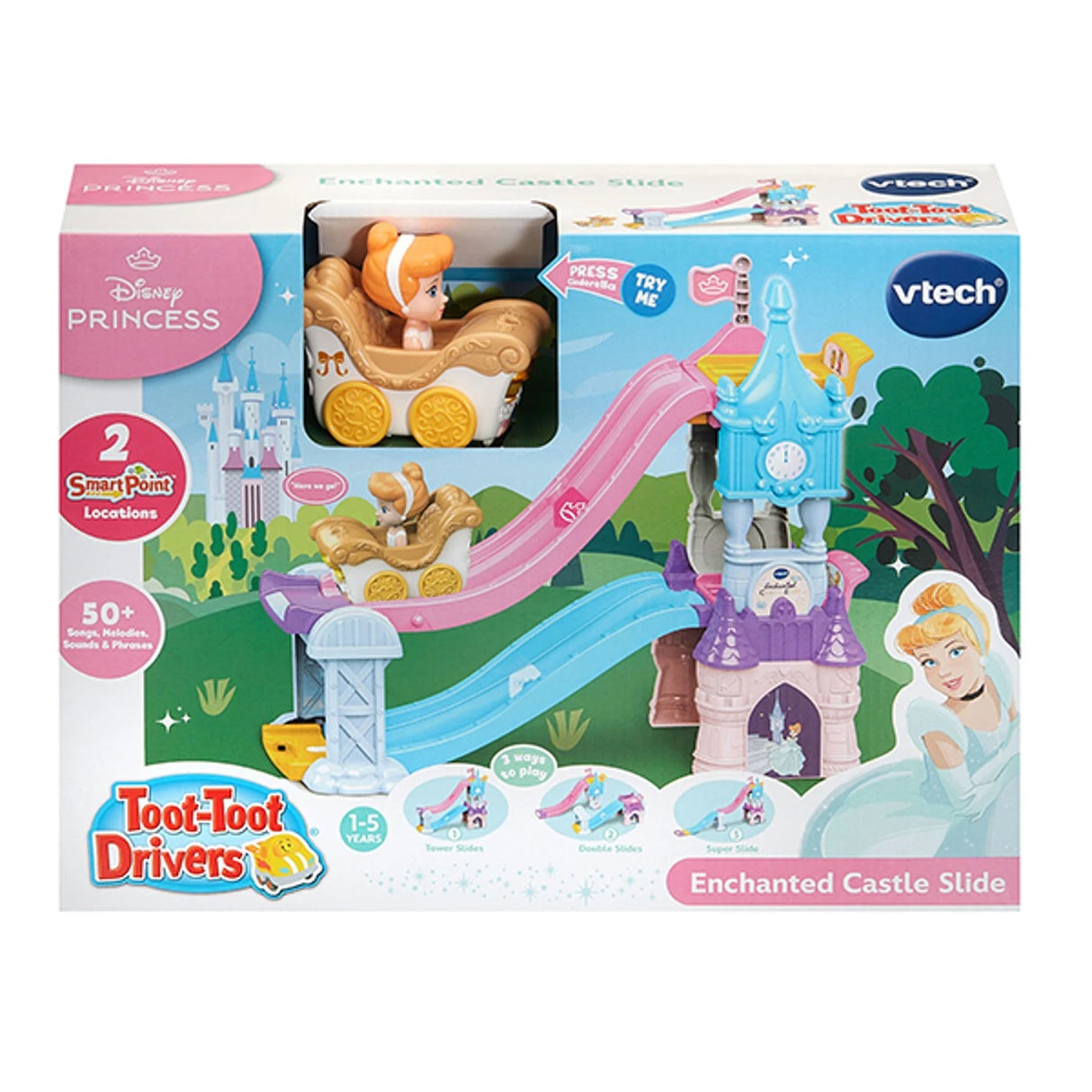 VTech Toot-Toot Drivers Disney Princess Enchanted Castle Slide box showing Cinderella carriage, castle slide and 1 to 5 years age mark