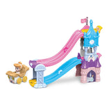 VTech Toot-Toot Drivers Disney Princess Enchanted Castle Slide track set with castle, pink and blue slides and Cinderella carriage