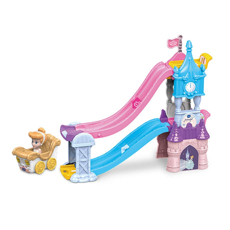 VTech Toot-Toot Drivers Disney Princess Enchanted Castle Slide track set with castle, pink and blue slides and Cinderella carriage