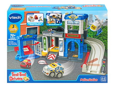 VTech Toot-Toot Drivers Police Station box front showing playset and vehicles