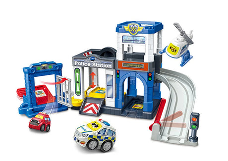 VTech Toot-Toot Drivers Police Station assembled with police car, red car and helicopter