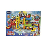 VTech Toot-Toot Drivers Roll & Repair Garage in retail packaging with garage, roadster and play features pictured