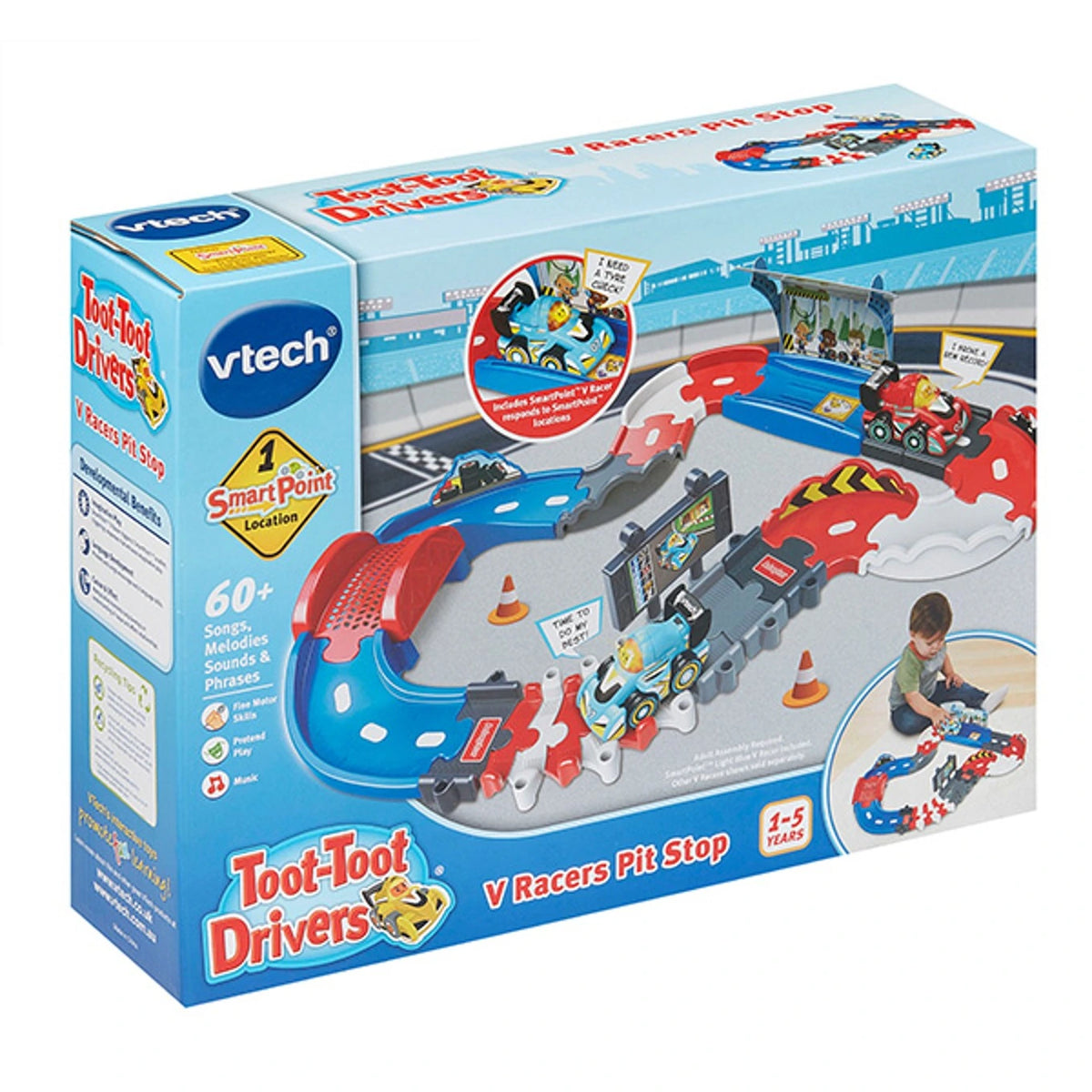 VTech Toot-Toot Drivers V Racers Pit Stop retail box showing the track, pit area, bridge and blue racer