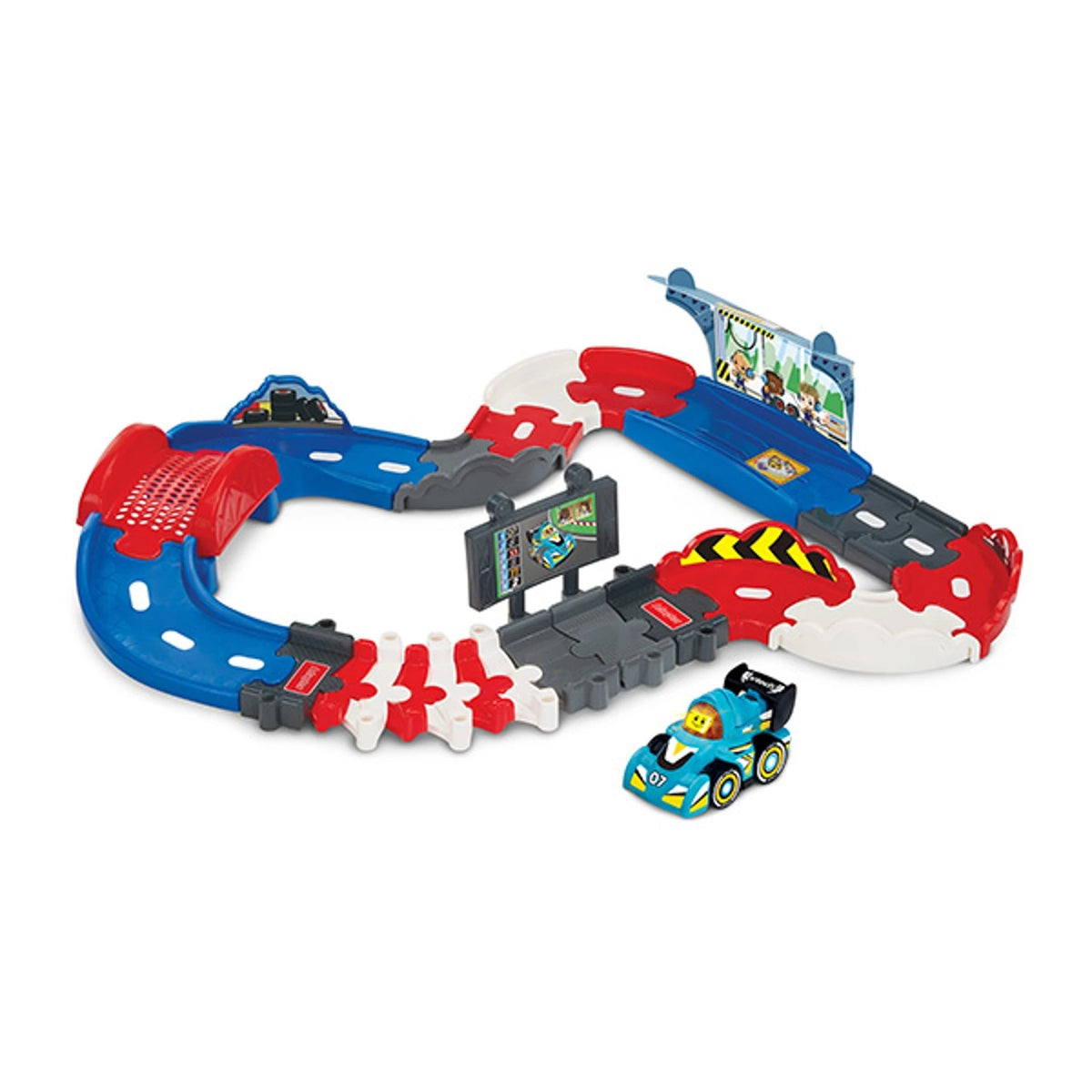VTech Toot-Toot Drivers V Racers Pit Stop assembled with blue racer, curved track, bridge and pit lane