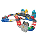 VTech Toot-Toot Drivers V Racers Race Track full layout with green and red racers, switch gates, race signs and track sections