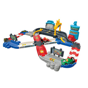 VTech Toot-Toot Drivers V Racers Race Track full layout with green and red racers, switch gates, race signs and track sections
