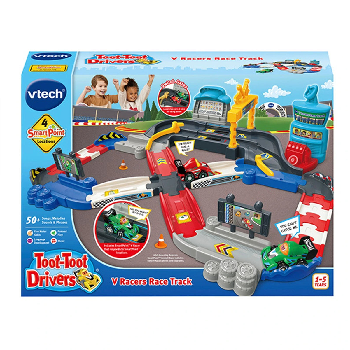 VTech Toot-Toot Drivers V Racers Race Track retail box showing the full racing layout, green V Racer, switch gates and 4 SmartPoint locations