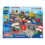VTech Toot-Toot Drivers V Racers Race Track retail box showing the full racing layout, green V Racer, switch gates and 4 SmartPoint locations