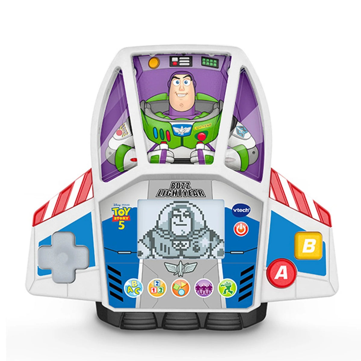 VTech Toy Story 5 Buzz Lightyear Game & Go front view with Buzz Lightyear, LCD screen, direction pad and A and B buttons