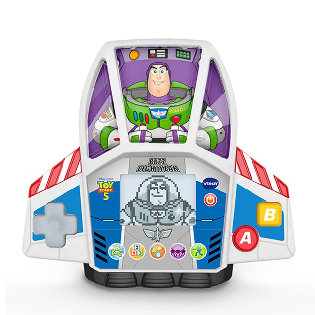 VTech Toy Story 5 Buzz Lightyear Game & Go front view with Buzz Lightyear, LCD screen, direction pad and A and B buttons