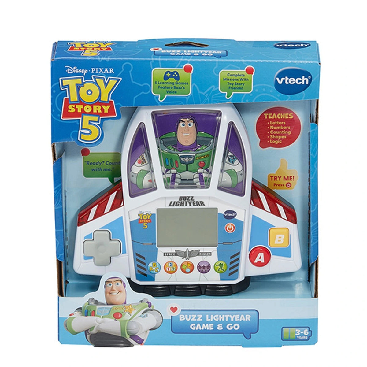 VTech Toy Story 5 Buzz Lightyear Game & Go in retail packaging showing Buzz Lightyear, learning activities and handheld game controls